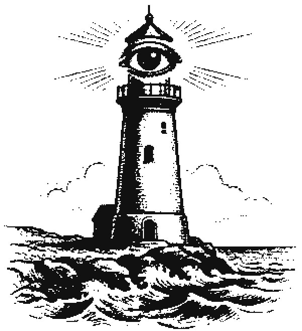 Engraving of a lighthouse on a rocky shore, its lamp drawn as a single open eye with rays around it.